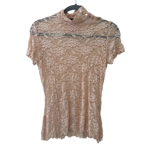 Reba Womens Tan Lace High Neck Short Sleeve Top L Rare - Picture 1 of 12